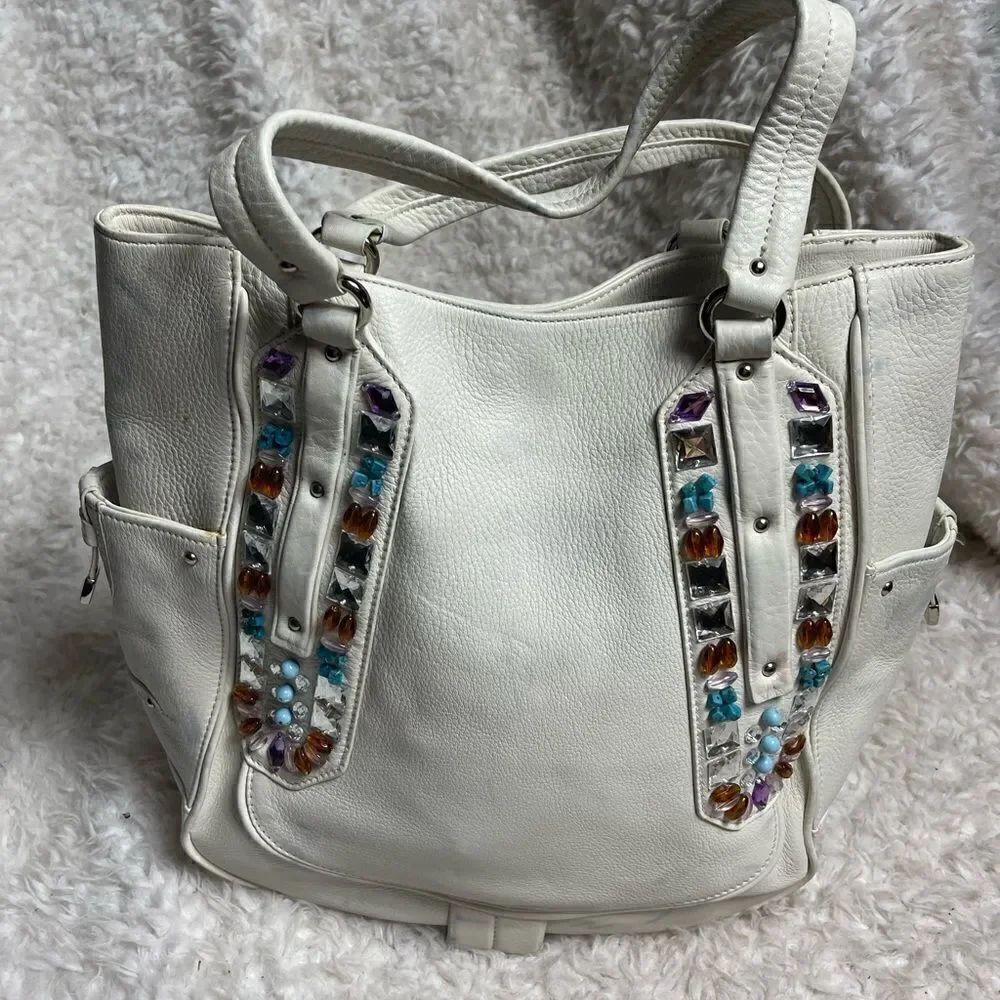 Cole Haan Sydney white leather large shoulder bag with multi color stones accent